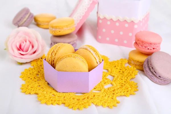 Macaroons on white cloth close-up — Stok Foto