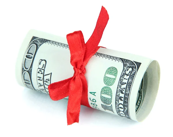 Dollars with gift bow isolated on white — Stock Photo, Image