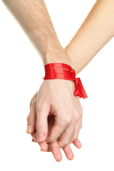 Чоловіки і дівчата руки пов'язані стрічкою ізольовані на білому — стокове фото