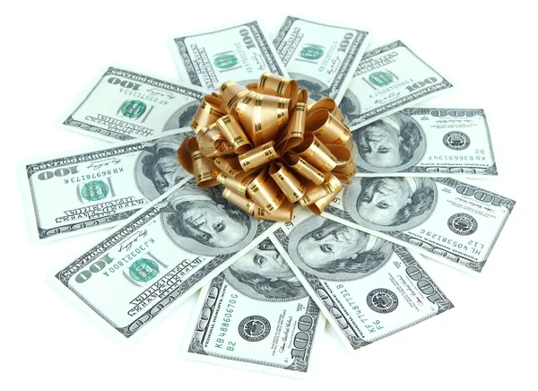 Dollari con fiocco regalo isolato su bianco — Foto Stock