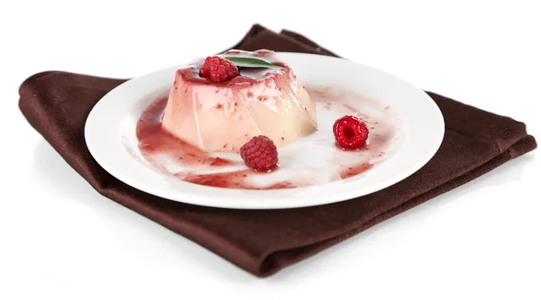 Panna Cotta with raspberry sauce, isolated on white — Stock Photo, Image