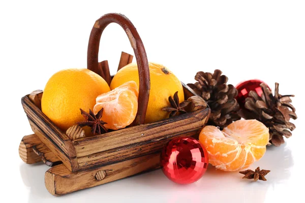 Christmas tangerines in basket isolated white — Stock Photo, Image