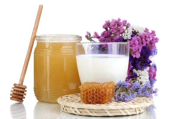 Honig und Milch isoliert auf weiß — Stockfoto