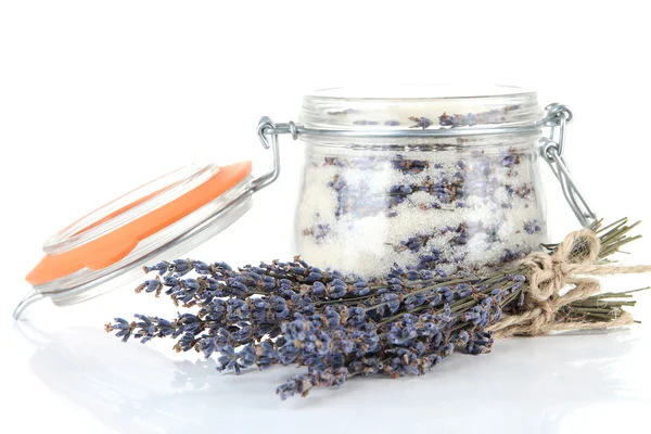 Jar of lavender sugar, isolated on white — Stock Photo, Image