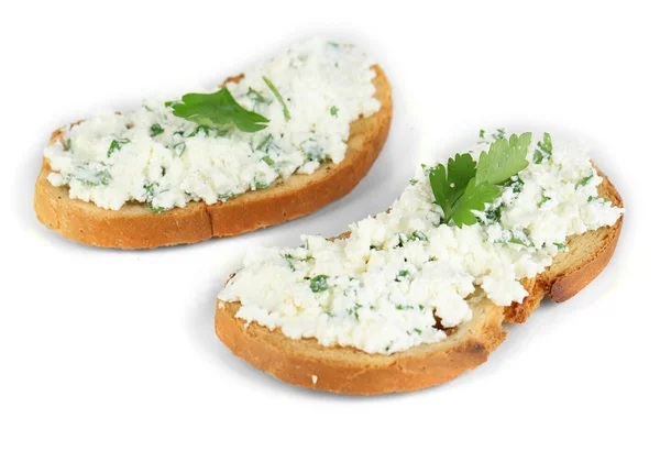 Sandwiches with cottage cheese and greens isolated on white — Stock Photo, Image