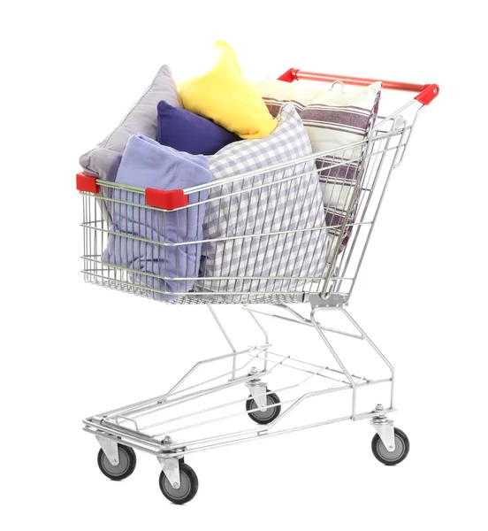 Shopping cart with pillows, isolated on white — Stock Photo, Image