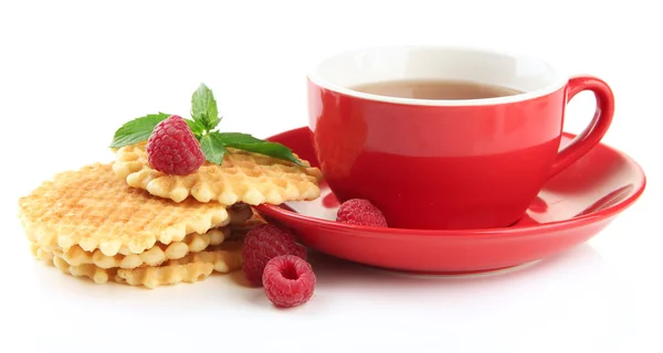 Taza de té con galletas y frambuesas aisladas en blanco — Foto de Stock