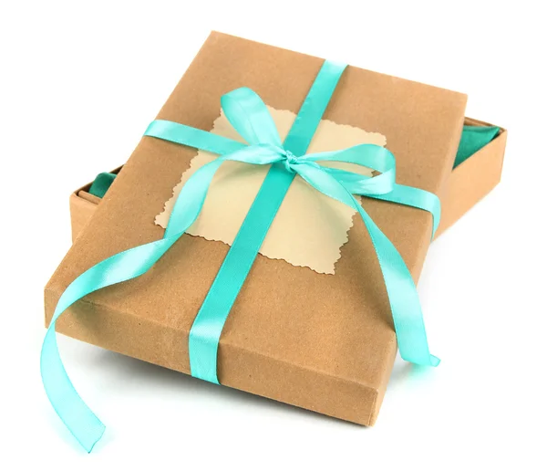 Present box tied with ribbon, isolated on white — Stock Photo, Image