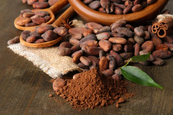 Frijoles de cacao en tazón, cacao en polvo y especias sobre fondo de madera — Foto de Stock