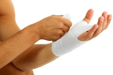genç adamla Elastik Bandaj yandan izole üzerinde beyaz