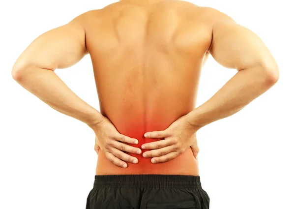 Young man with back pain, isolated on white — Stock Photo, Image