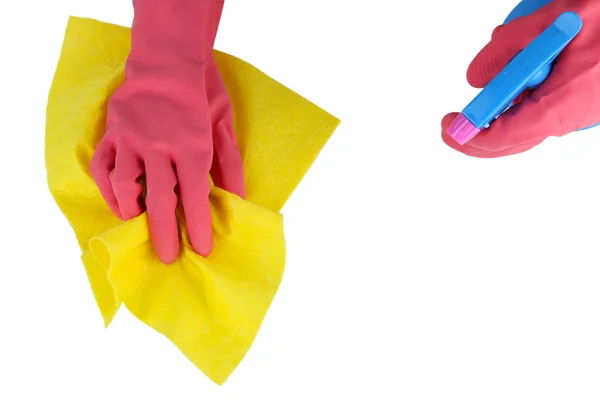 Hands in gloves wiping surface with yellow rag and spray isolated on white — Stock Photo, Image