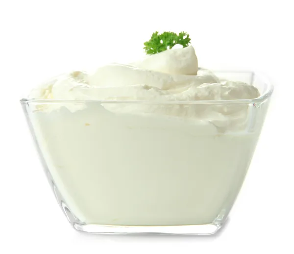 Sour cream in bowl isolated on white — Stock Photo, Image