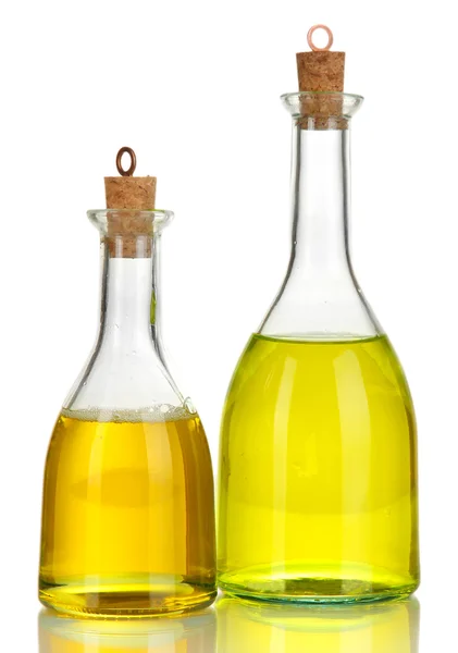 Original glass bottles with salad dressing isolated on white — Stock Photo, Image