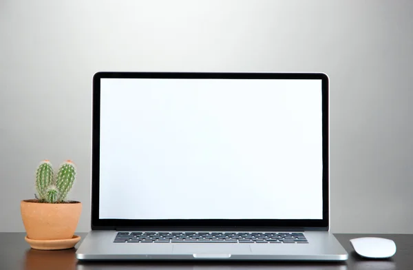 Laptop a kaktus v květináč na dřevěný stůl na šedém pozadí — Stock fotografie
