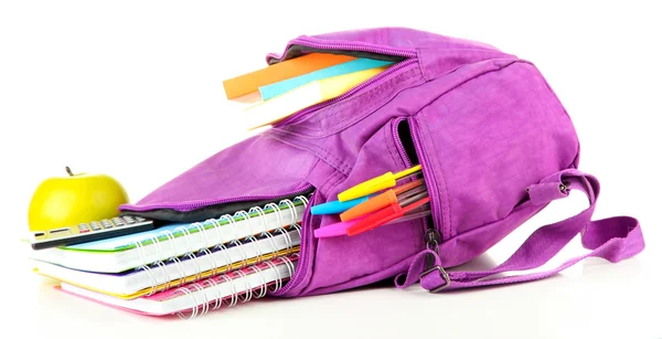 Purple backpack with school supplies isolated on white — Stock Photo, Image