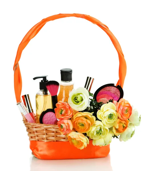 Gift basket with cosmetics isolated on white — Stock Photo, Image
