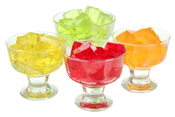 Tasty jelly cubes in bowls isolated on white — Stock Photo, Image