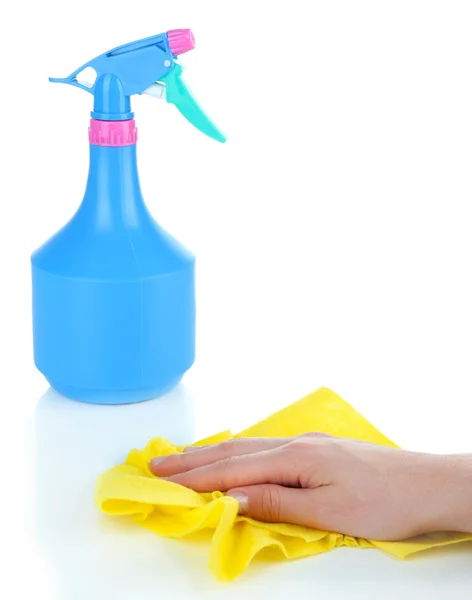 Superficie di lavaggio a mano con straccio giallo e spray isolato su bianco — Foto Stock