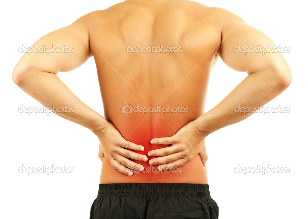 Young man with back pain, isolated on white