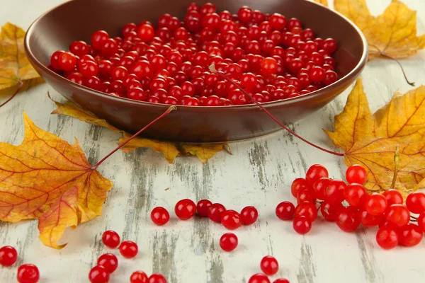 Red berries of viburnum in bowl and yellow leaves on wooden background — Stock Photo, Image