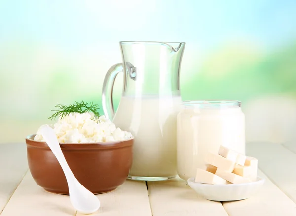 Frische Milchprodukte auf Holztisch vor natürlichem Hintergrund — Stockfoto