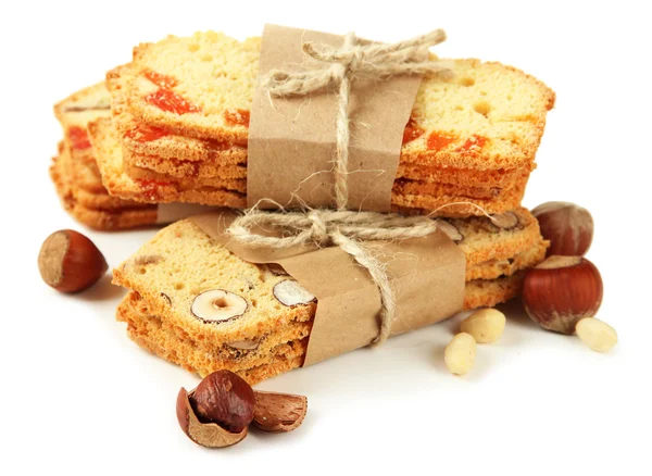 Biscotti with nuts and candied fruits, isolated on white — Stock Photo, Image