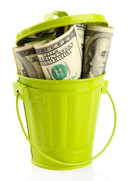 Money in trash can, isolated on white — Stock Photo, Image