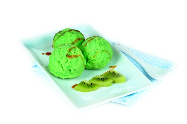 Delicioso helado en plato aislado en blanco — Foto de Stock