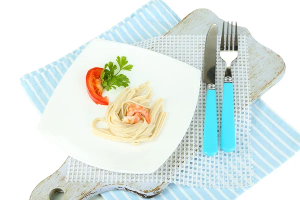 Pasta with shrimps on white plate, isolated on white — Stock Photo, Image