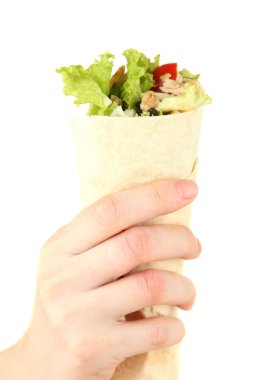 beyaz izole pide, kebap - ızgara et ve sebze, tutan eli sarılı