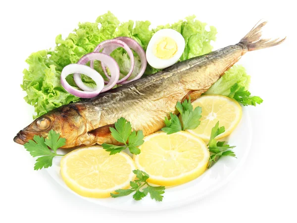 Pescado ahumado en plato aislado en blanco —  Fotos de Stock