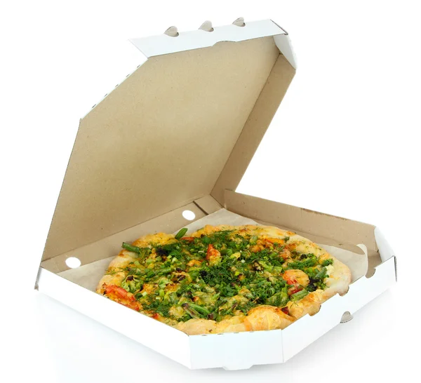 Tasty vegetarian pizza in box, isolated on white — Stock Photo, Image