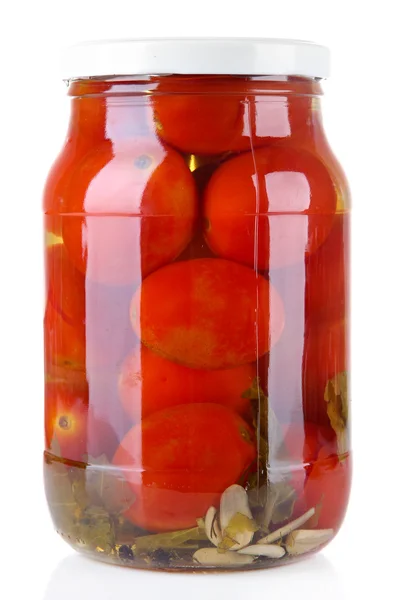 Leckere Tomaten aus der Dose im Glas, isoliert auf weiß — Stockfoto