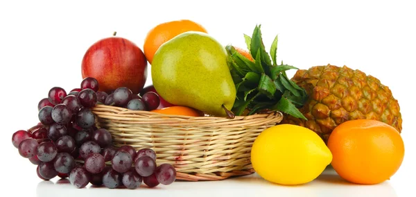 Ripe fruits in basket isolated on white — Stock Photo, Image