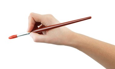 el ile üzerine beyaz izole kırmızı boya fırçası tutarak