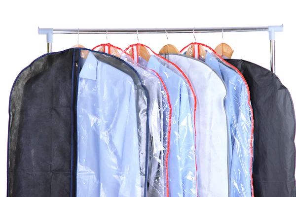 Office male shirts in cases for storing on hangers, isolated on white — Stock Photo, Image