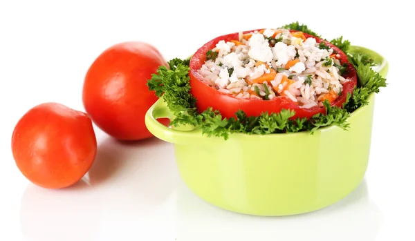 Stuffed tomato in pan isolated on white — Stock Photo, Image