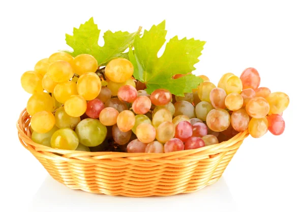 Ripe sweet grape in basket, isolated on white — Stock Photo, Image