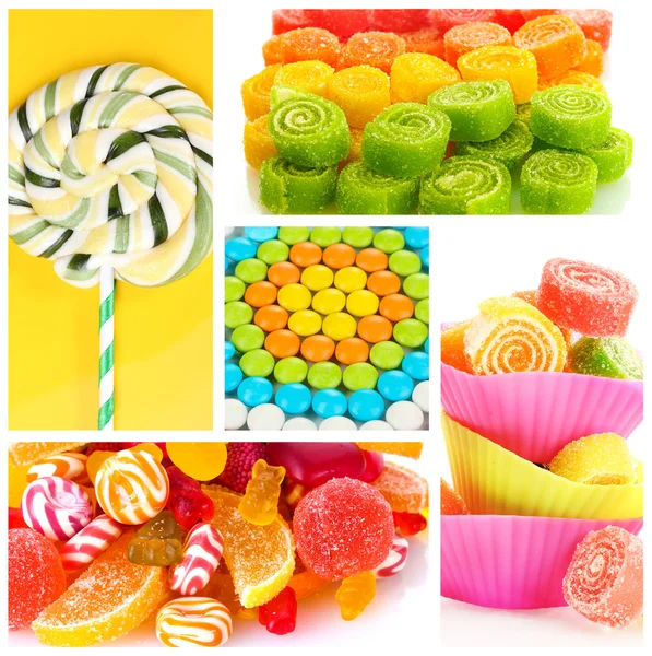 Collage di diverse caramelle colorate e dolci — Foto Stock