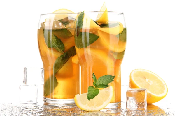 Iced tea with lemon and mint isolated on white — Stock Photo, Image