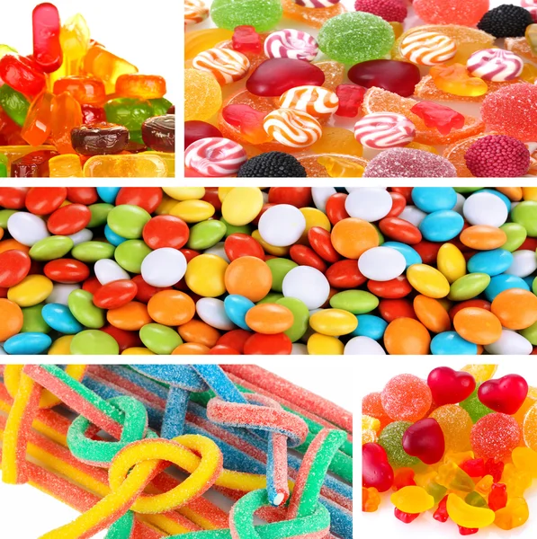 Kollázst a különböző színes cukorka és édesség — Stock Fotó