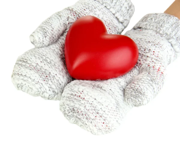 Female hands in mittens with heart, close-up — Stock Photo, Image