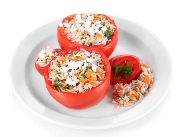 Stuffed tomatoes on plate isolated on white — Stock Photo, Image