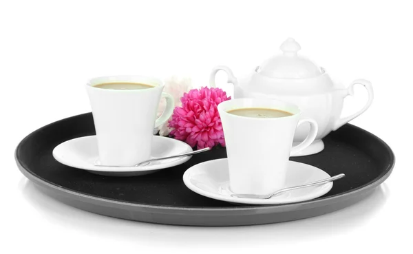 Cups of coffee on tray isolated on white — Stock Photo, Image