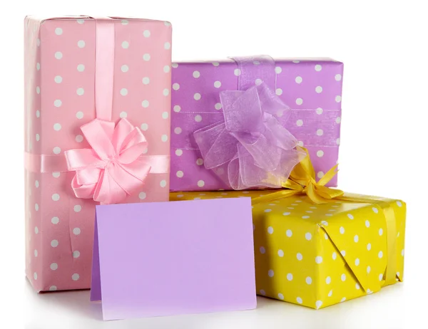 Gift boxes with blank label isolated on white — Stock Photo, Image