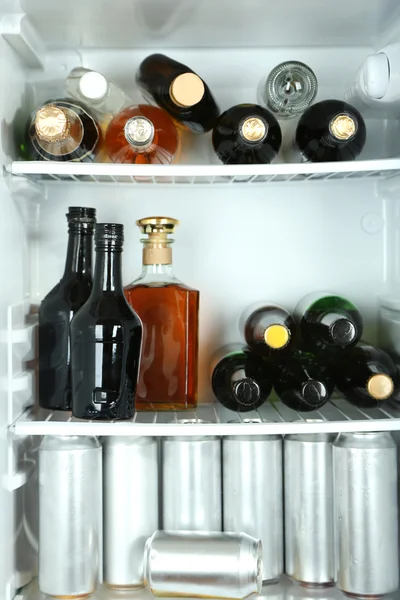 含酒精饮料的瓶子满的冰箱 — 图库照片