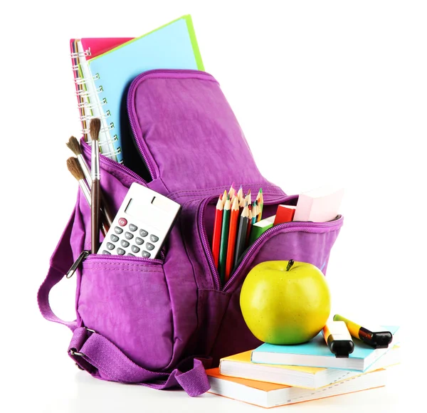 Purple backpack with school supplies — Stock Photo, Image