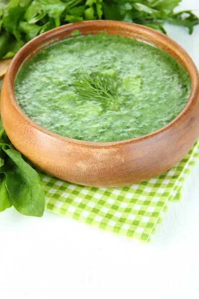 Tasty spinach soup, on white table — Stock Photo, Image