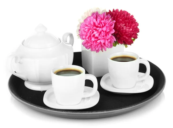 Xícaras de café na bandeja isoladas em branco — Fotografia de Stock